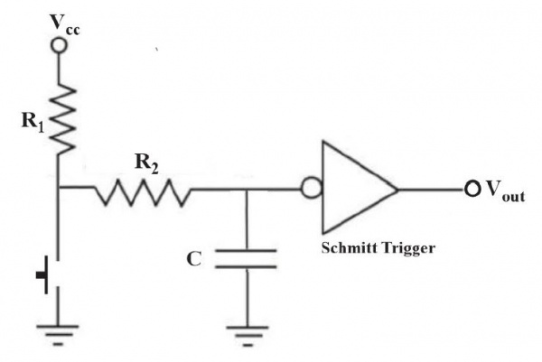 Analog debounce circuit example using Schmitt Trigger hysterisis